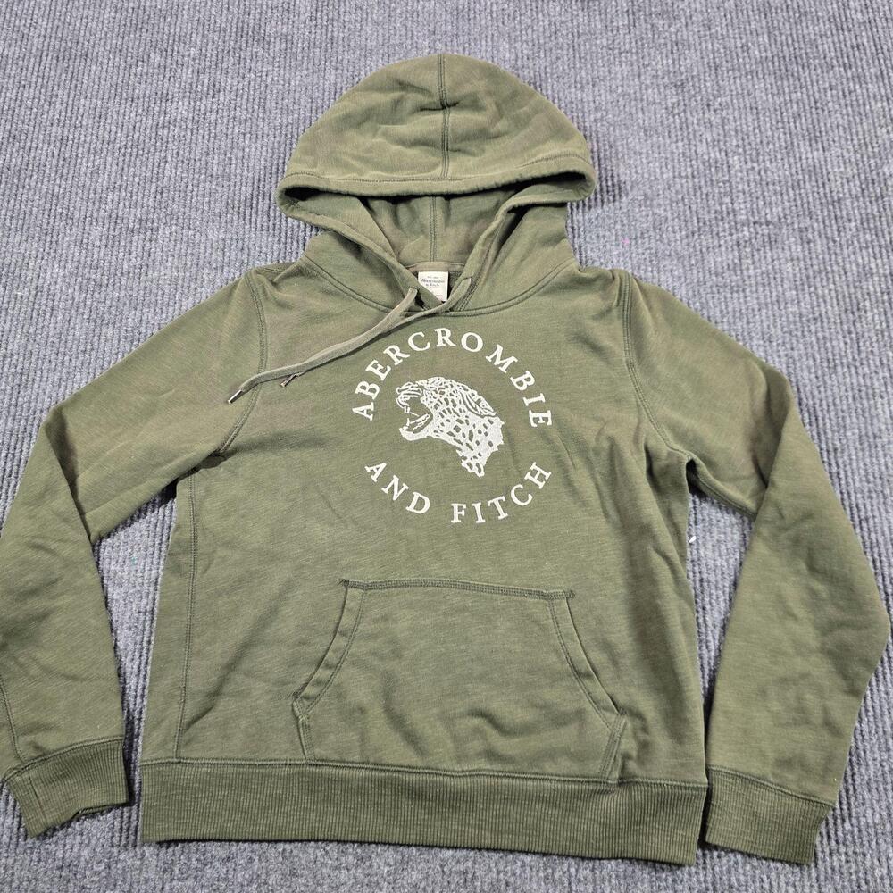Abercrombie & Fitch Hoodie Mens Medium Green Graphic Fleece Pullover Leopard